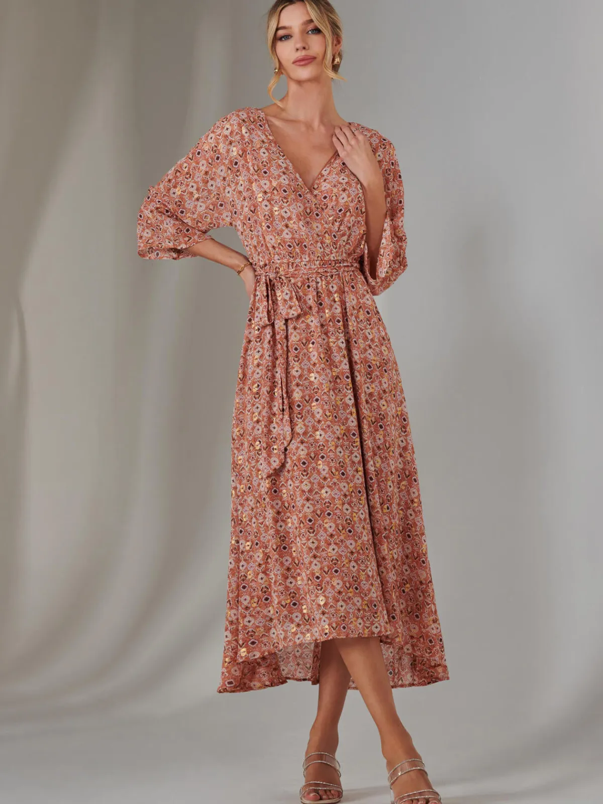 Jolie Moi Occasion Dresses|Wrap Dresses-Gold Spot Printed Chiffon Maxi Dress, Orange Multi