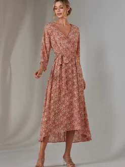 Jolie Moi Occasion Dresses|Wrap Dresses-Gold Spot Printed Chiffon Maxi Dress, Orange Multi