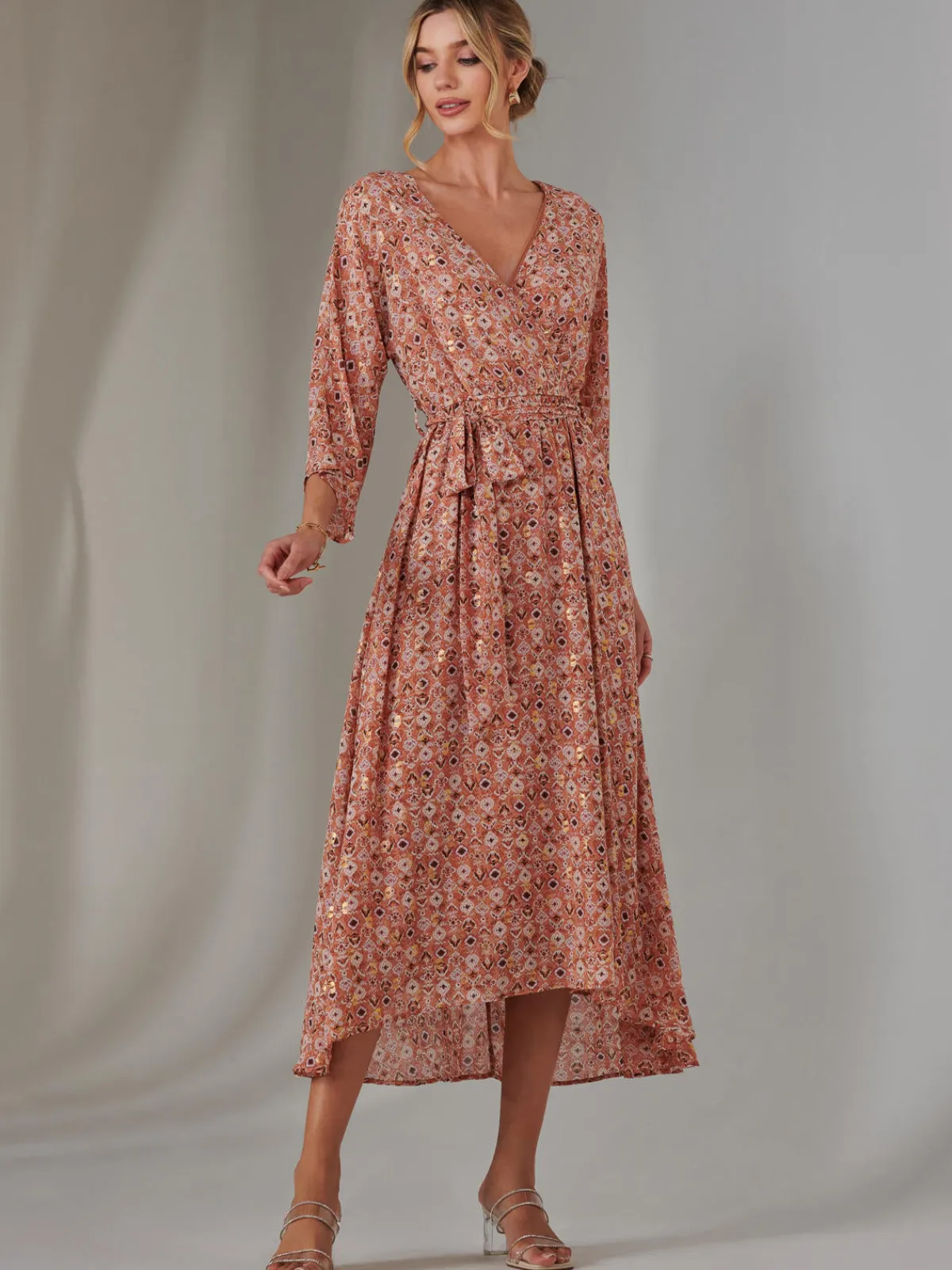 Jolie Moi Occasion Dresses|Wrap Dresses-Gold Spot Printed Chiffon Maxi Dress, Orange Multi