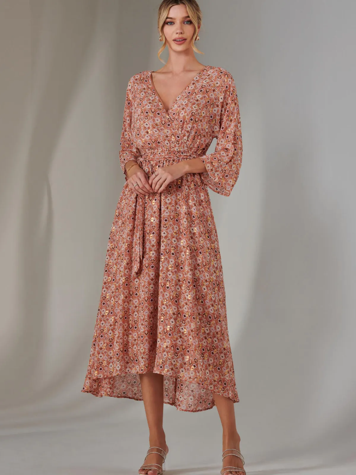 Jolie Moi Occasion Dresses|Wrap Dresses-Gold Spot Printed Chiffon Maxi Dress, Orange Multi