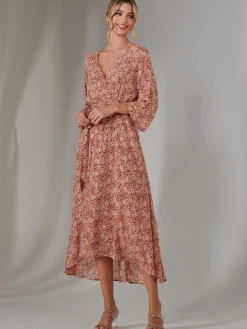Jolie Moi Occasion Dresses|Wrap Dresses-Gold Spot Printed Chiffon Maxi Dress, Orange Multi