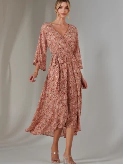 Jolie Moi Occasion Dresses|Wrap Dresses-Gold Spot Printed Chiffon Maxi Dress, Orange Multi