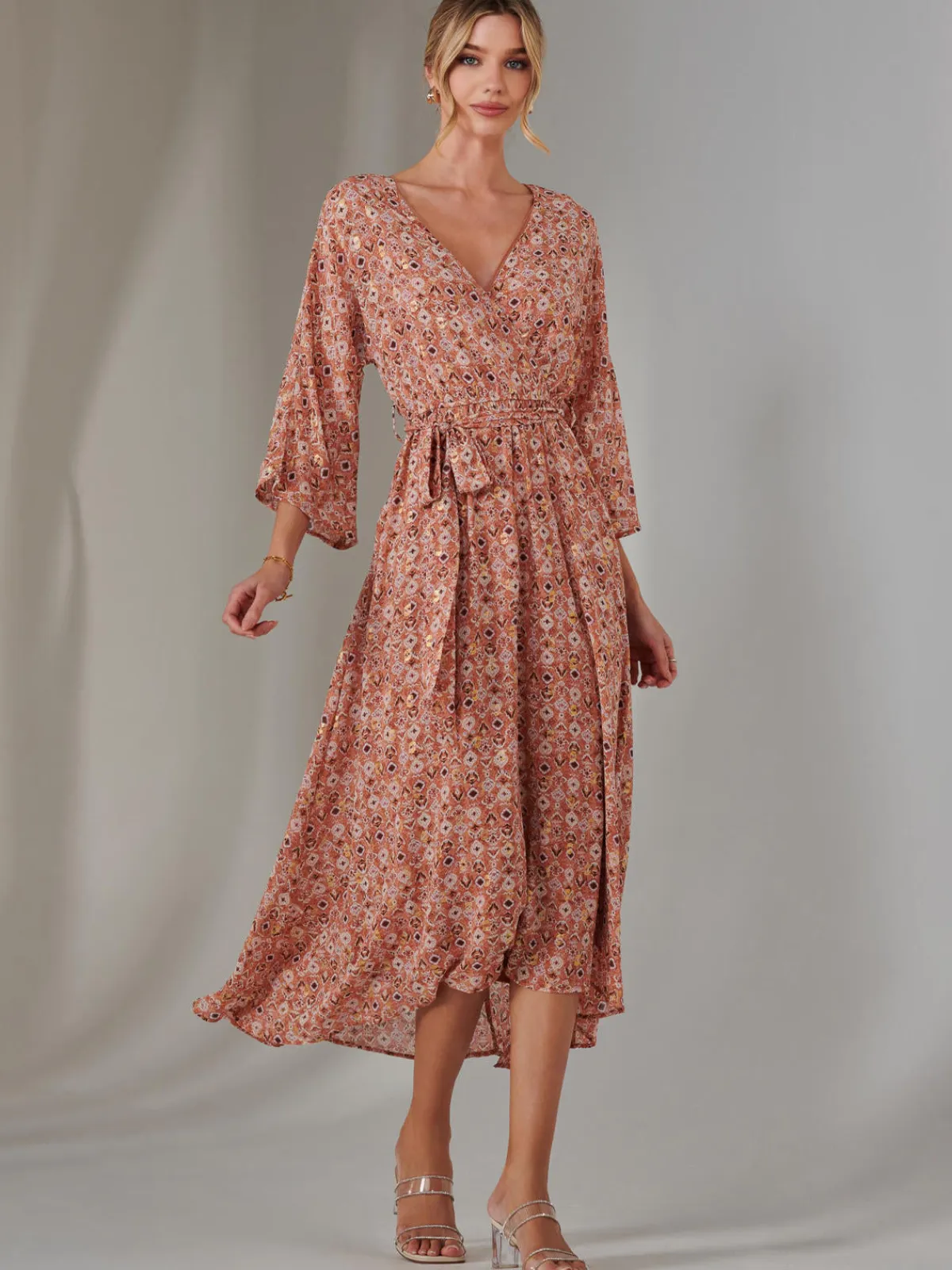 Jolie Moi Occasion Dresses|Wrap Dresses-Gold Spot Printed Chiffon Maxi Dress, Orange Multi
