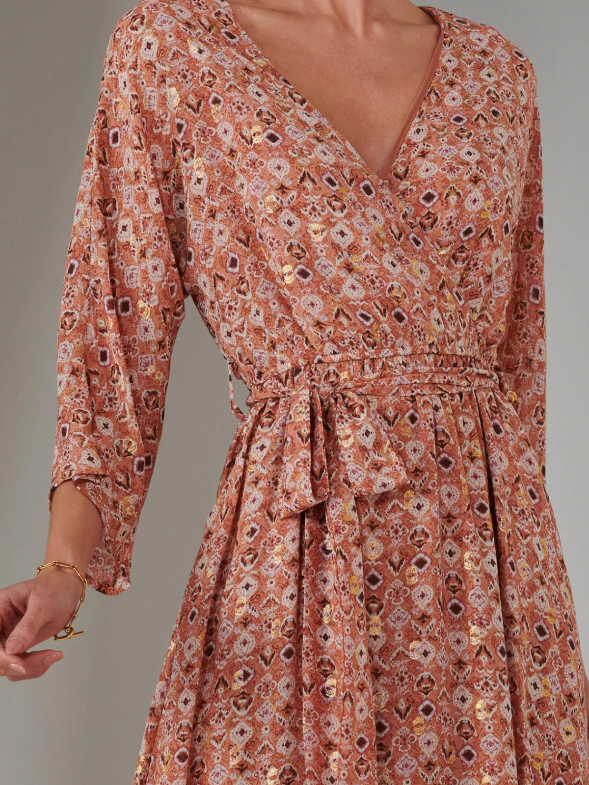 Jolie Moi Occasion Dresses|Wrap Dresses-Gold Spot Printed Chiffon Maxi Dress, Orange Multi