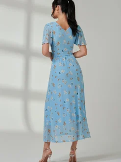 Jolie Moi Occasion Dresses|Floral Dresses-Gracelyn Wrap Front Mesh Maxi Dress, Blue Floral