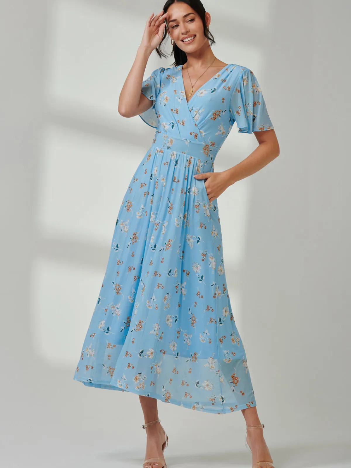 Jolie Moi Occasion Dresses|Floral Dresses-Gracelyn Wrap Front Mesh Maxi Dress, Blue Floral