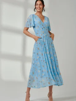 Jolie Moi Occasion Dresses|Floral Dresses-Gracelyn Wrap Front Mesh Maxi Dress, Blue Floral
