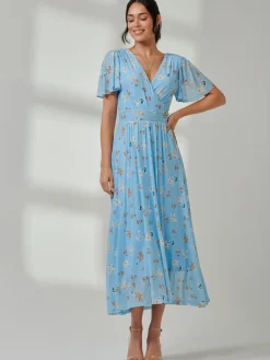 Jolie Moi Occasion Dresses|Floral Dresses-Gracelyn Wrap Front Mesh Maxi Dress, Blue Floral