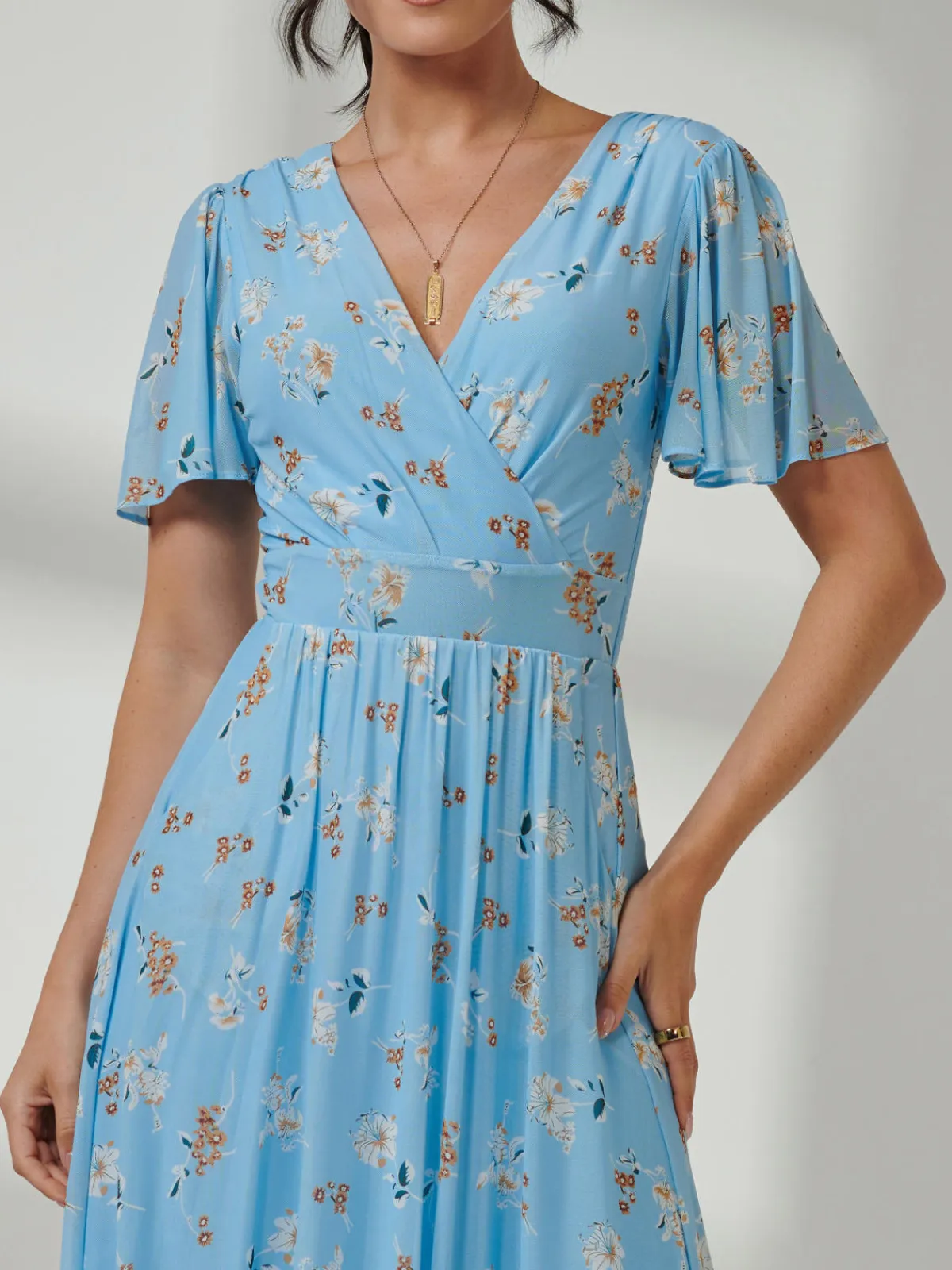Jolie Moi Occasion Dresses|Floral Dresses-Gracelyn Wrap Front Mesh Maxi Dress, Blue Floral