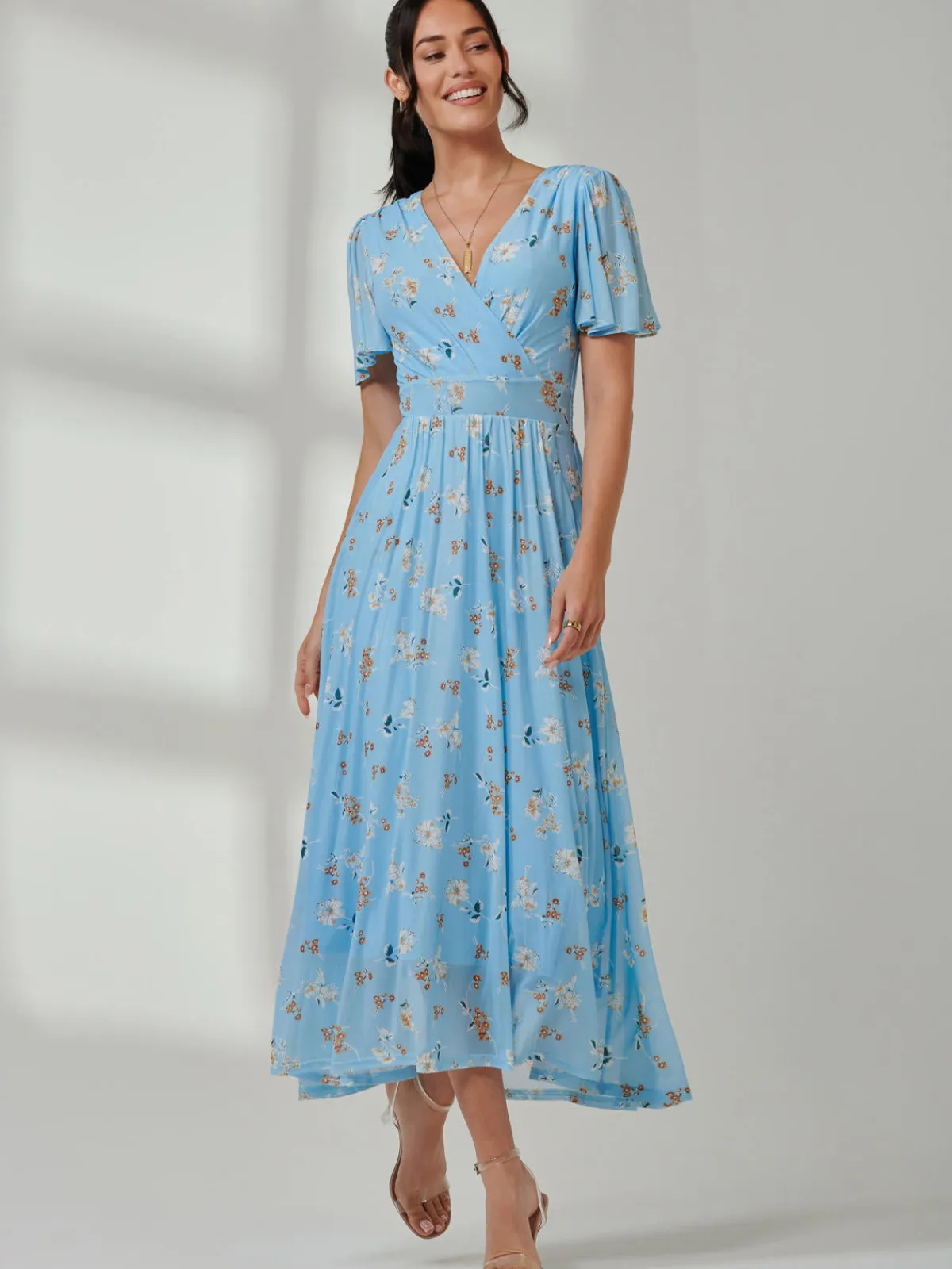 Jolie Moi Occasion Dresses|Floral Dresses-Gracelyn Wrap Front Mesh Maxi Dress, Blue Floral