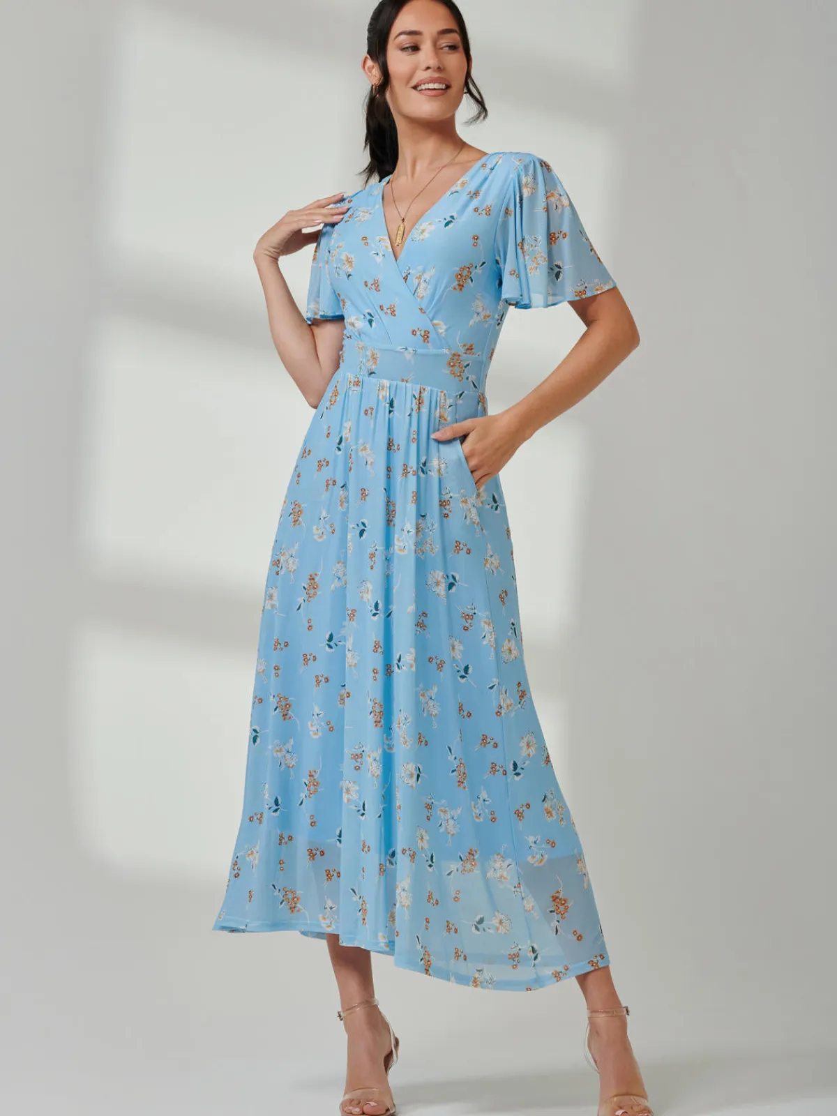Jolie Moi Occasion Dresses|Floral Dresses-Gracelyn Wrap Front Mesh Maxi Dress, Blue Floral