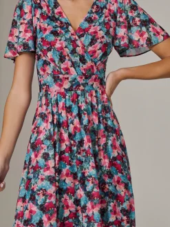 Jolie Moi Occasion Dresses|Floral Dresses-Gracelyn Wrap Front Mesh Maxi Dress, Teal Multi