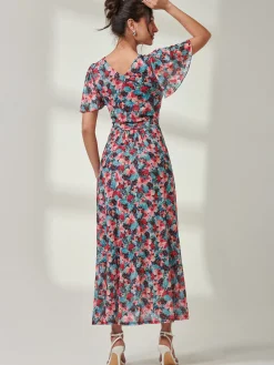 Jolie Moi Occasion Dresses|Floral Dresses-Gracelyn Wrap Front Mesh Maxi Dress, Teal Multi