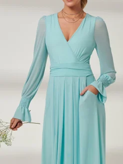 Jolie Moi Occasion Dresses|Mesh Dresses-Greta Long Sleeve Mesh Maxi Dress, Light Green