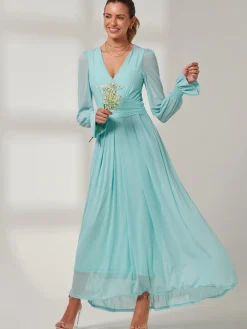 Jolie Moi Occasion Dresses|Mesh Dresses-Greta Long Sleeve Mesh Maxi Dress, Light Green