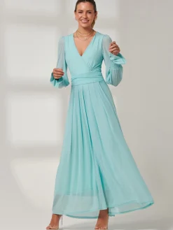 Jolie Moi Occasion Dresses|Mesh Dresses-Greta Long Sleeve Mesh Maxi Dress, Light Green