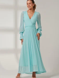 Jolie Moi Occasion Dresses|Mesh Dresses-Greta Long Sleeve Mesh Maxi Dress, Light Green