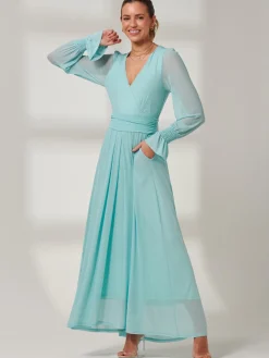 Jolie Moi Occasion Dresses|Mesh Dresses-Greta Long Sleeve Mesh Maxi Dress, Light Green