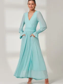 Jolie Moi Occasion Dresses|Mesh Dresses-Greta Long Sleeve Mesh Maxi Dress, Light Green