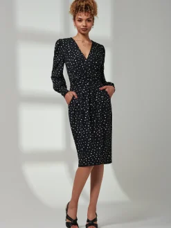 Jolie Moi Occasion Dresses|Weekend Casuals-Gwen Print Long Sleeve Pegged Dress, Black Spot