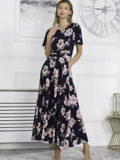 Jolie Moi Occasion Dresses|Jersey Dresses-Hailey Jersey Angel Sleeve Maxi Dress, Navy Floral
