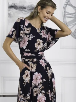 Jolie Moi Occasion Dresses|Jersey Dresses-Hailey Jersey Angel Sleeve Maxi Dress, Navy Floral