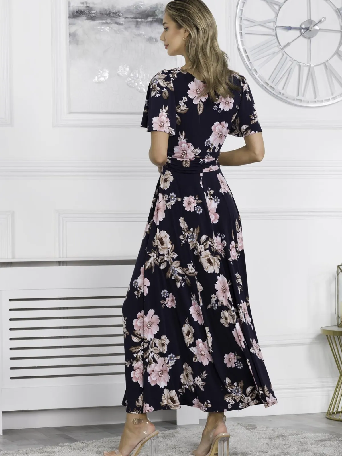 Jolie Moi Occasion Dresses|Jersey Dresses-Hailey Jersey Angel Sleeve Maxi Dress, Navy Floral