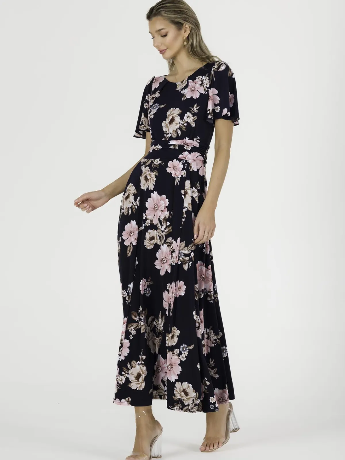 Jolie Moi Occasion Dresses|Jersey Dresses-Hailey Jersey Angel Sleeve Maxi Dress, Navy Floral