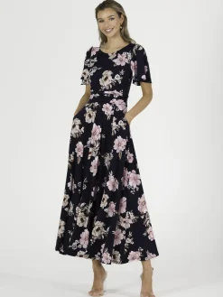 Jolie Moi Occasion Dresses|Jersey Dresses-Hailey Jersey Angel Sleeve Maxi Dress, Navy Floral