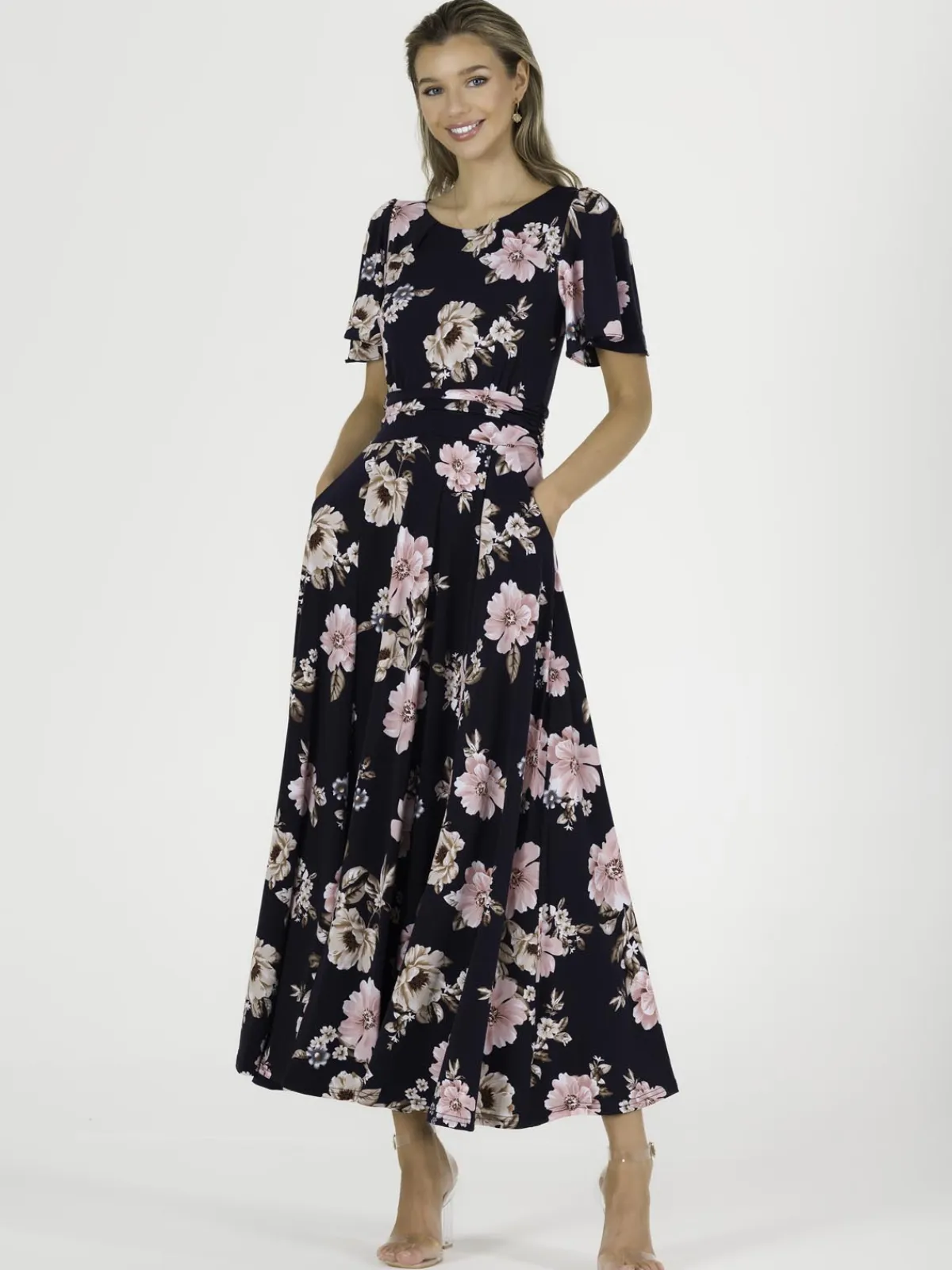 Jolie Moi Occasion Dresses|Jersey Dresses-Hailey Jersey Angel Sleeve Maxi Dress, Navy Floral