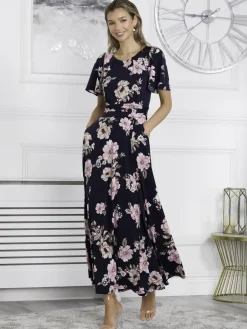Jolie Moi Occasion Dresses|Jersey Dresses-Hailey Jersey Angel Sleeve Maxi Dress, Navy Floral