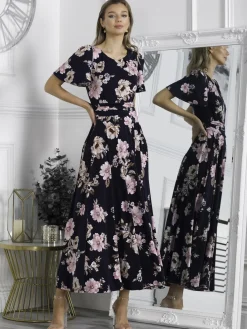Jolie Moi Occasion Dresses|Jersey Dresses-Hailey Jersey Angel Sleeve Maxi Dress, Navy Floral