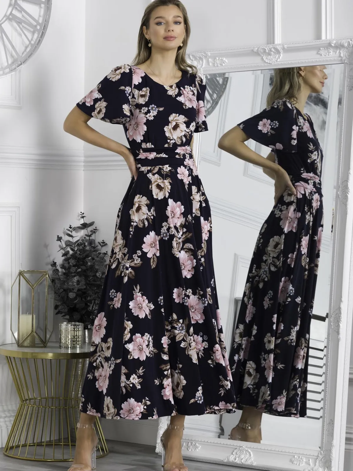 Jolie Moi Occasion Dresses|Jersey Dresses-Hailey Jersey Angel Sleeve Maxi Dress, Navy Floral
