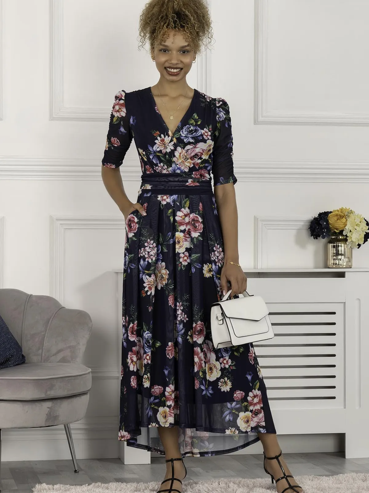 Jolie Moi Occasion Dresses|Mesh Dresses-Haizley Floral Print Mesh Maxi Dress, Navy