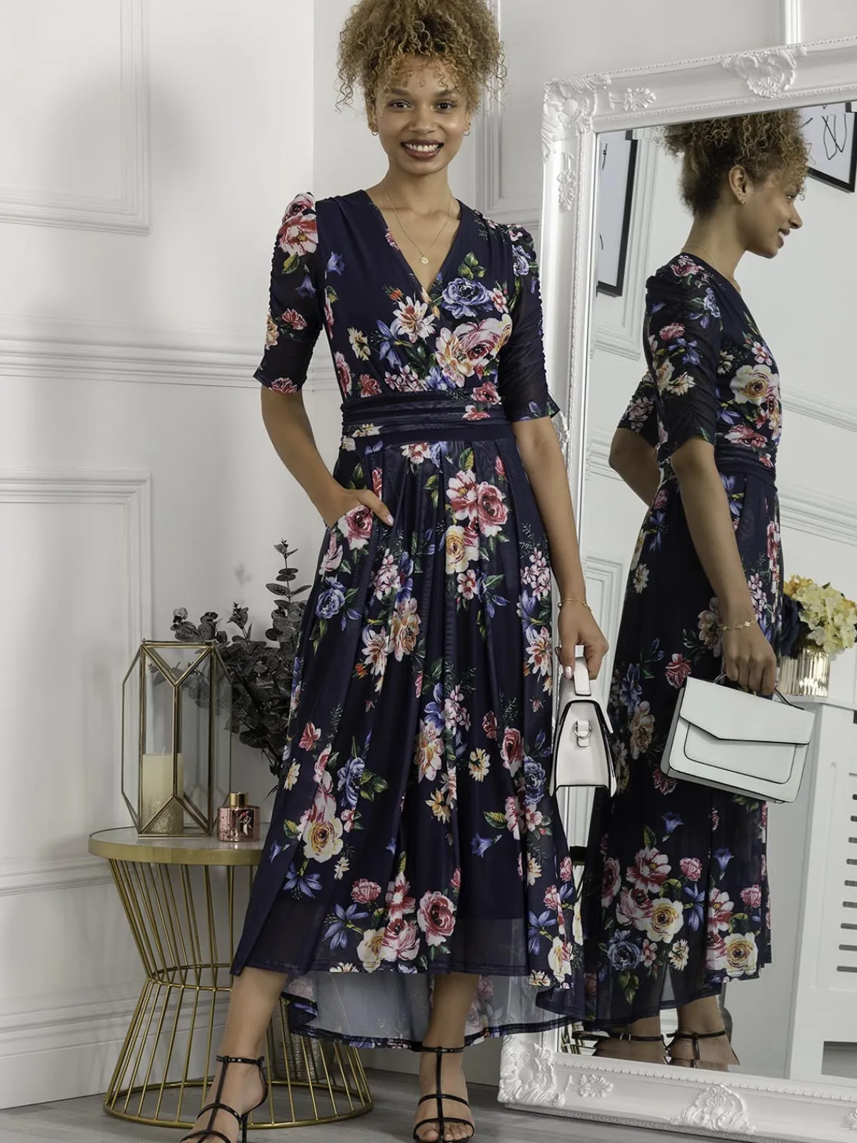 Jolie Moi Occasion Dresses|Mesh Dresses-Haizley Floral Print Mesh Maxi Dress, Navy