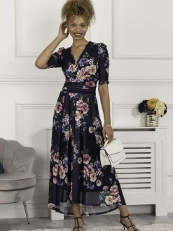 Jolie Moi Occasion Dresses|Mesh Dresses-Haizley Floral Print Mesh Maxi Dress, Navy