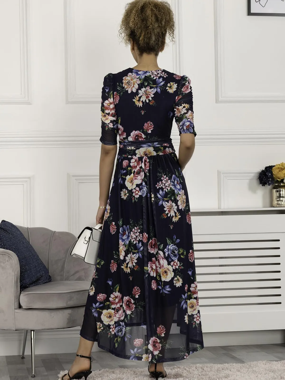 Jolie Moi Occasion Dresses|Mesh Dresses-Haizley Floral Print Mesh Maxi Dress, Navy