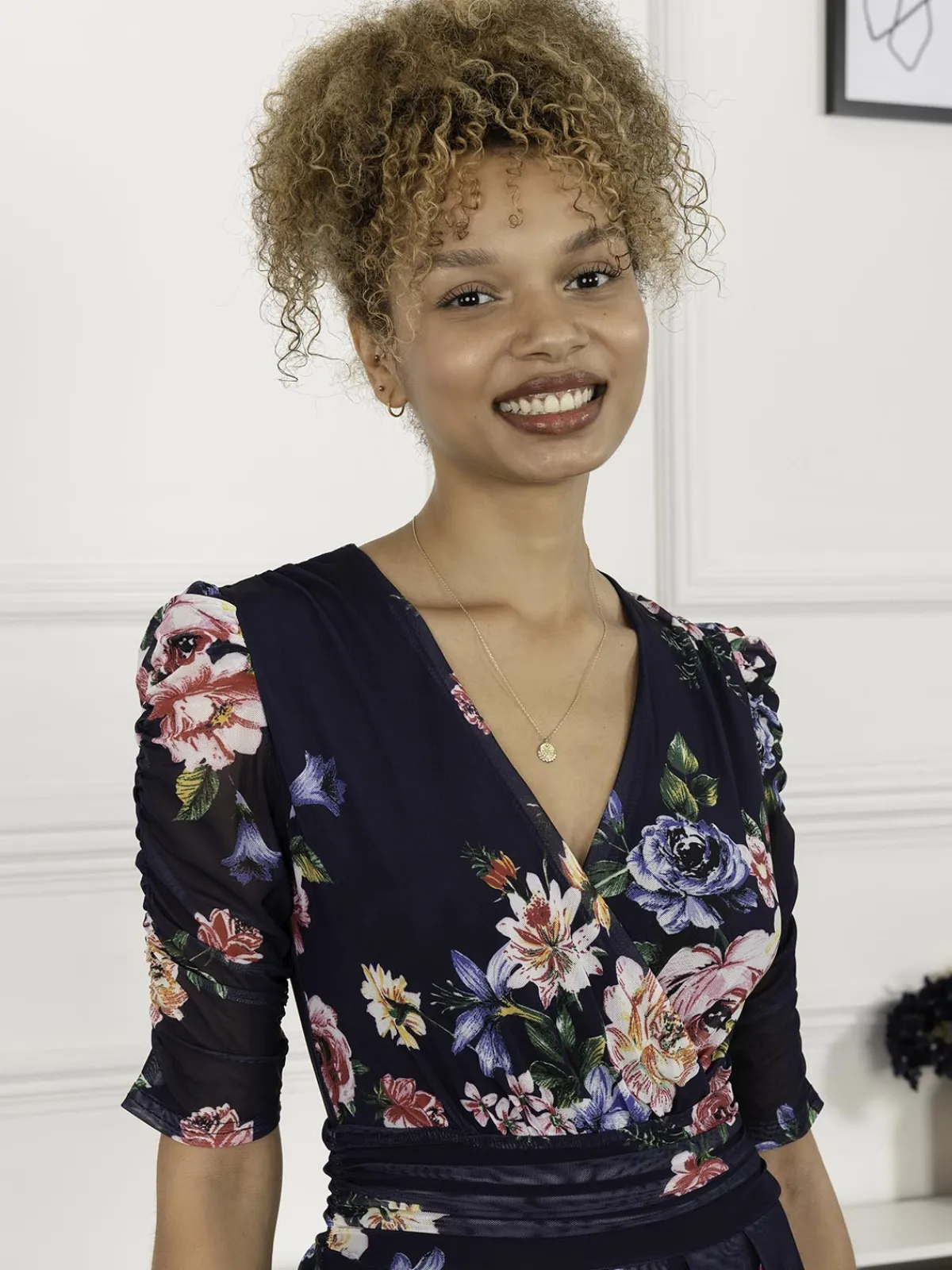Jolie Moi Occasion Dresses|Mesh Dresses-Haizley Floral Print Mesh Maxi Dress, Navy