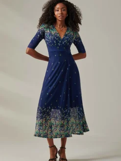 Jolie Moi Occasion Dresses|Floral Dresses- Half Sleeve Floral Wrap Dress Blue Yellow Multi