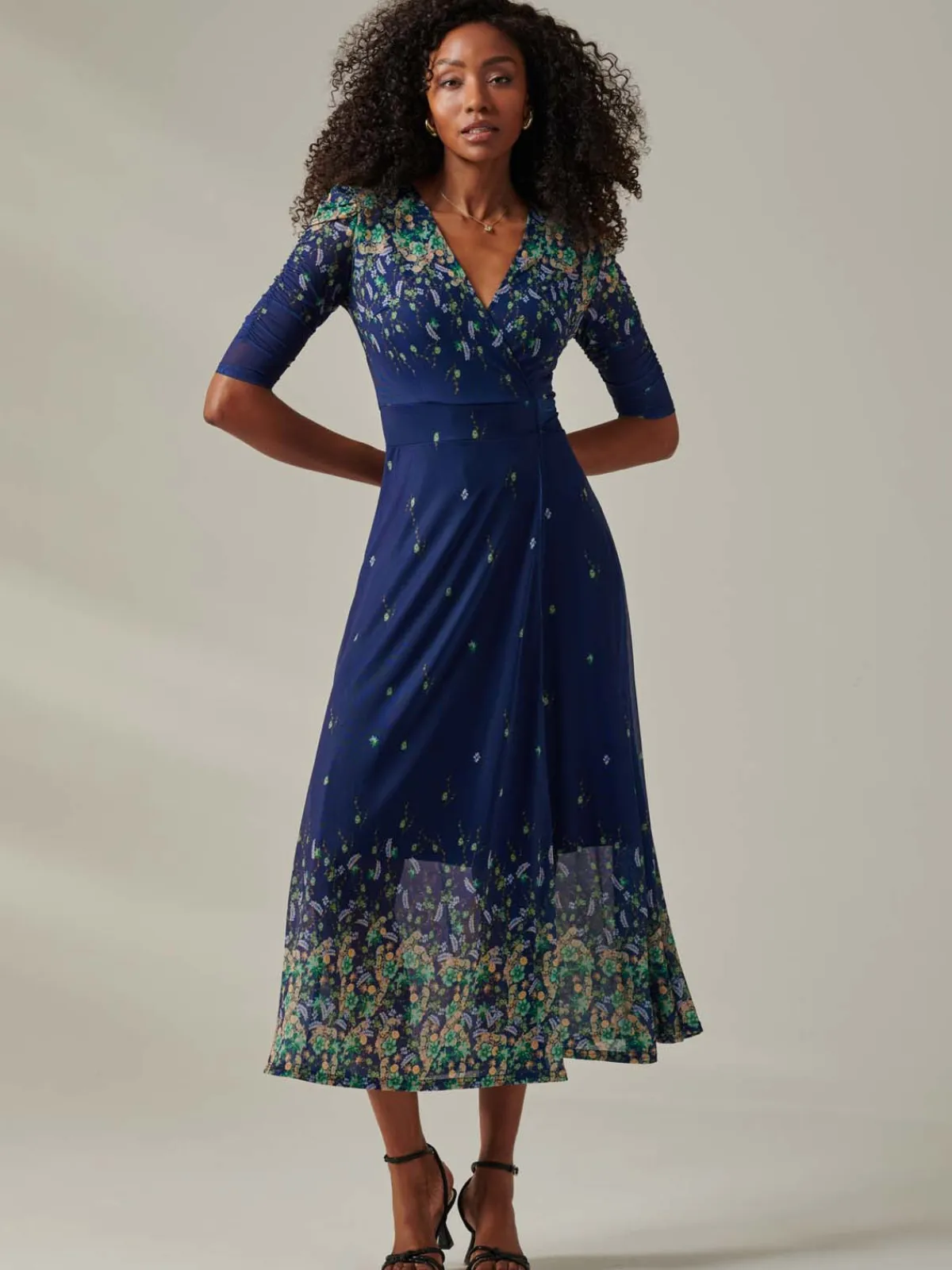 Jolie Moi Occasion Dresses|Floral Dresses- Half Sleeve Floral Wrap Dress Blue Yellow Multi