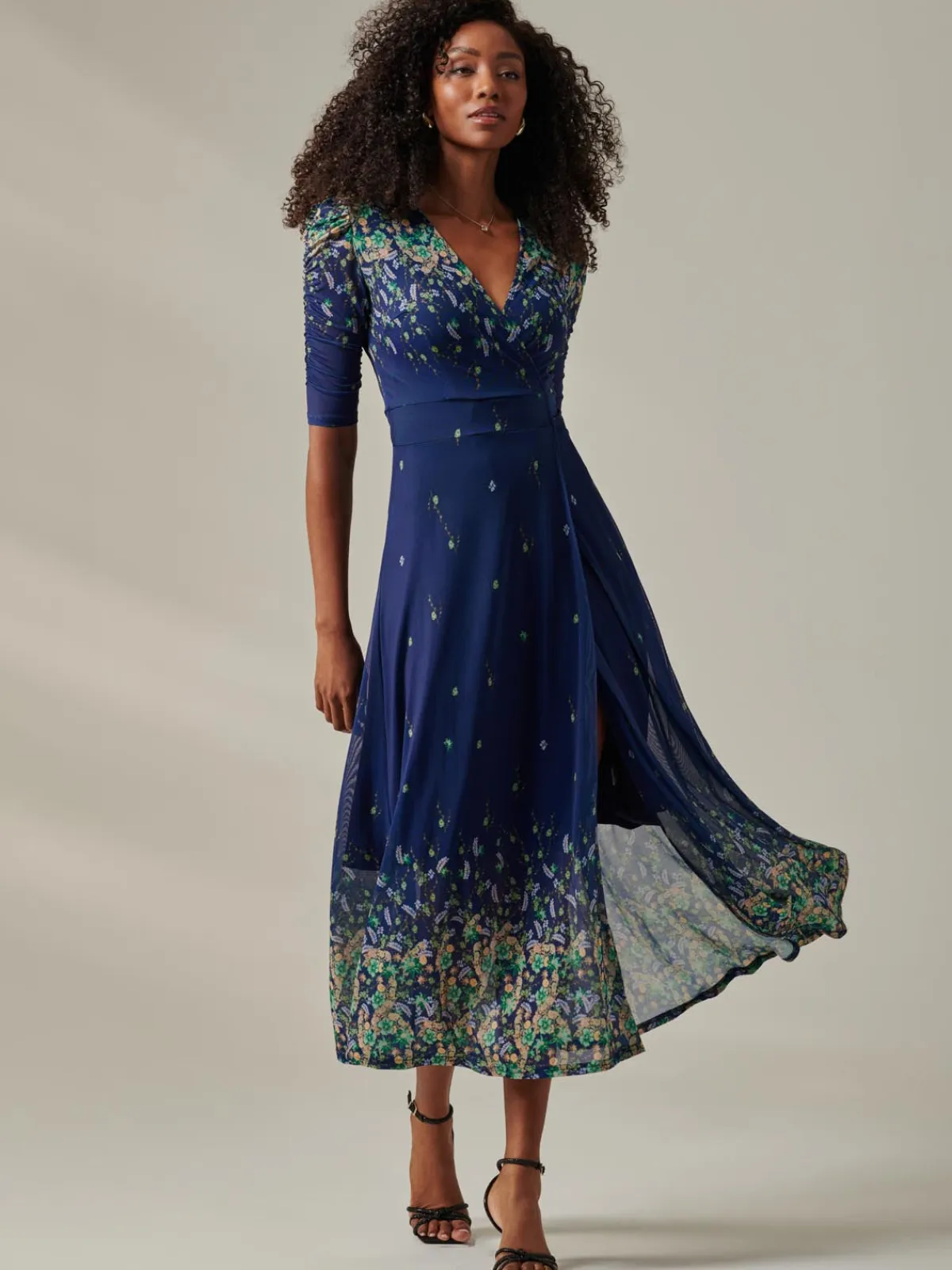Jolie Moi Occasion Dresses|Floral Dresses- Half Sleeve Floral Wrap Dress Blue Yellow Multi