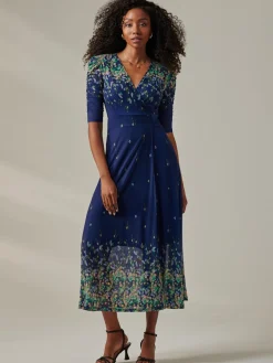 Jolie Moi Occasion Dresses|Floral Dresses- Half Sleeve Floral Wrap Dress Blue Yellow Multi
