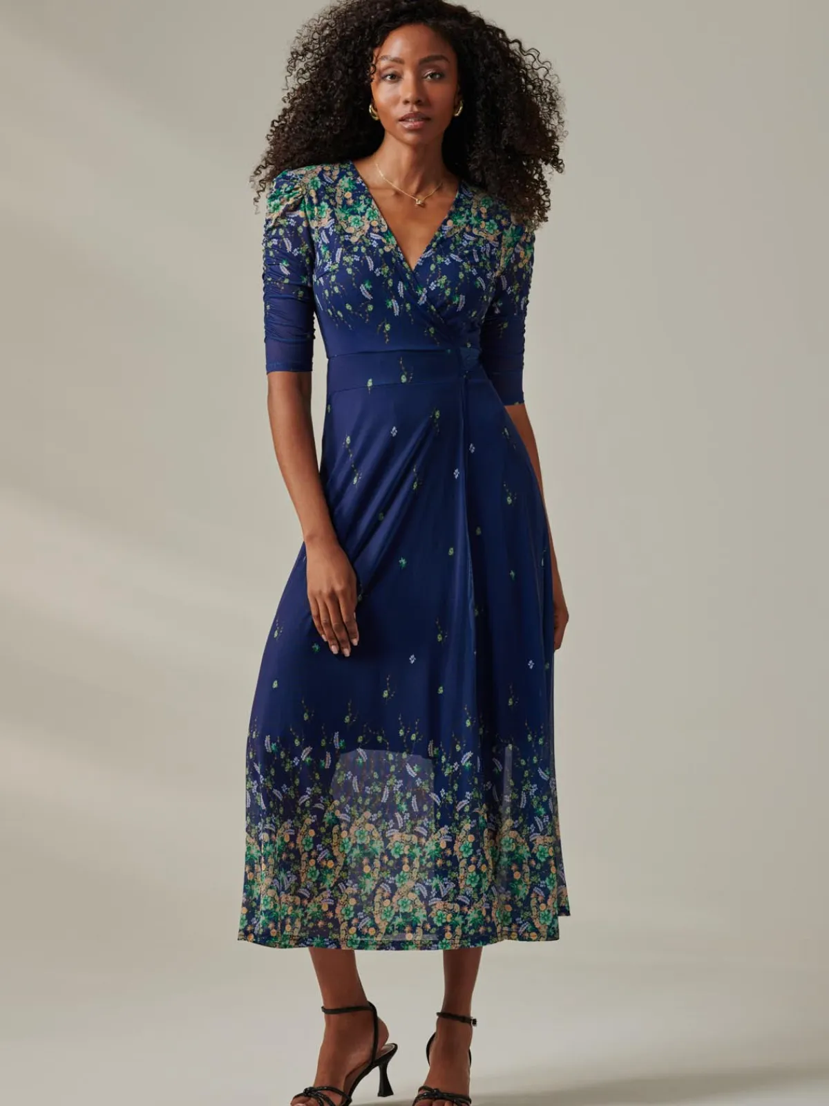 Jolie Moi Occasion Dresses|Floral Dresses- Half Sleeve Floral Wrap Dress Blue Yellow Multi