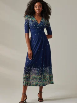 Jolie Moi Occasion Dresses|Floral Dresses- Half Sleeve Floral Wrap Dress Blue Yellow Multi