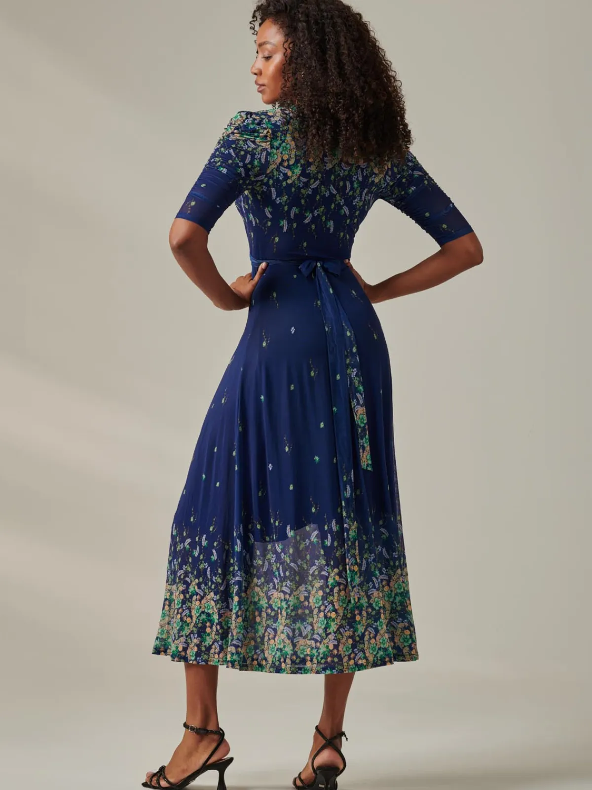 Jolie Moi Occasion Dresses|Floral Dresses- Half Sleeve Floral Wrap Dress Blue Yellow Multi
