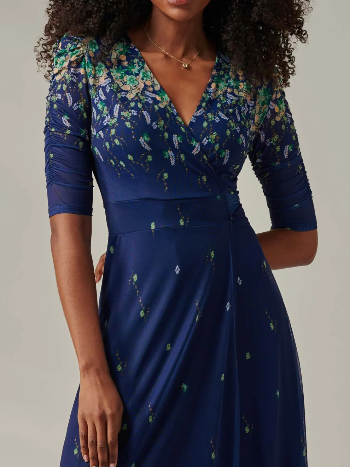 Jolie Moi Occasion Dresses|Floral Dresses- Half Sleeve Floral Wrap Dress Blue Yellow Multi