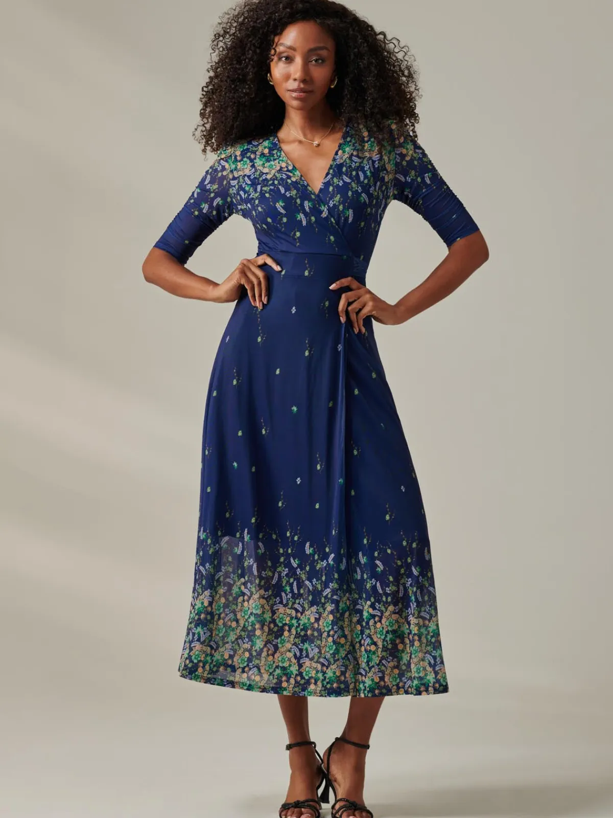 Jolie Moi Occasion Dresses|Floral Dresses- Half Sleeve Floral Wrap Dress Blue Yellow Multi