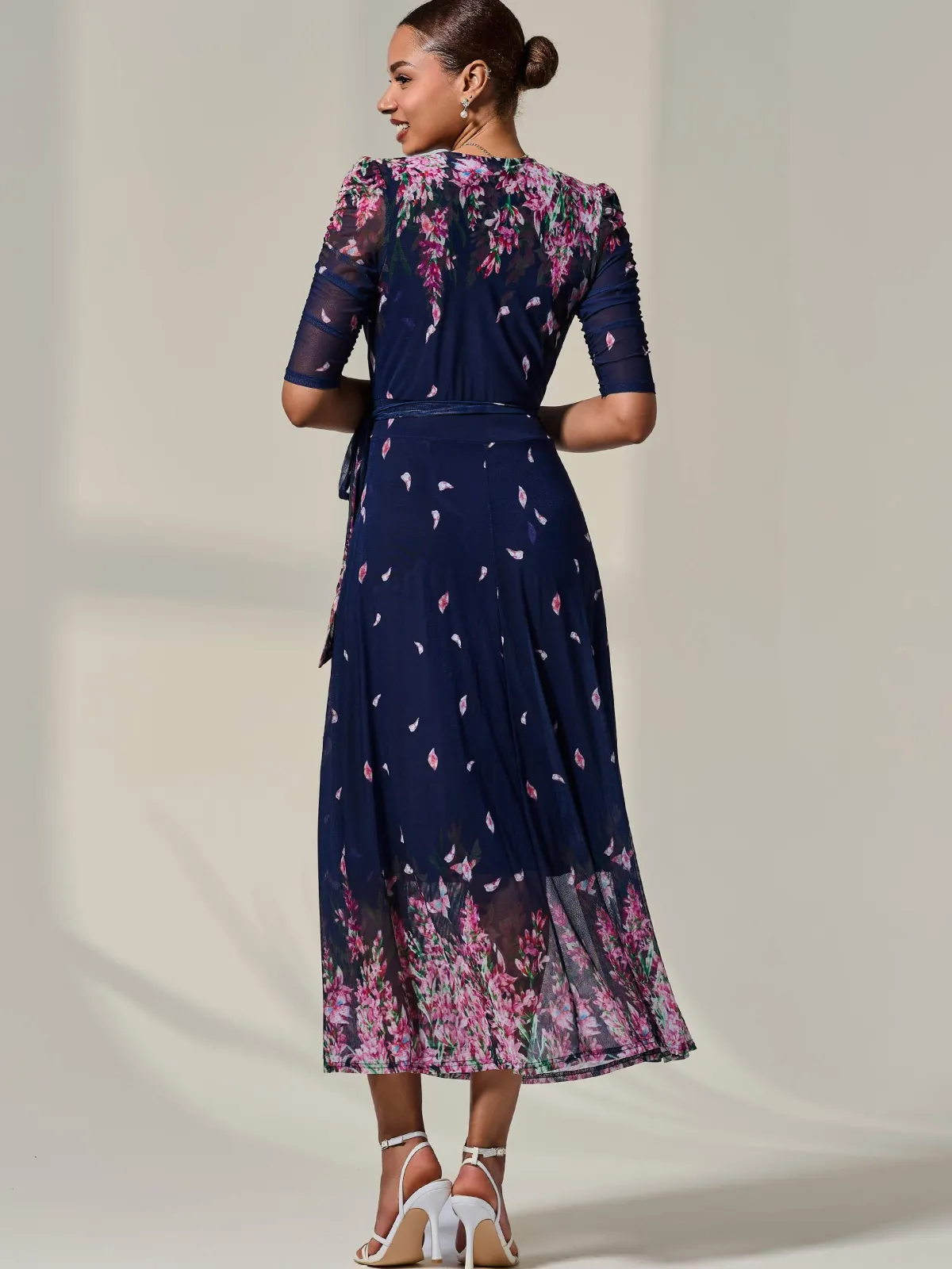Jolie Moi Occasion Dresses|Floral Dresses-Half Sleeve Floral Wrap Dress, Navy Pink Multi