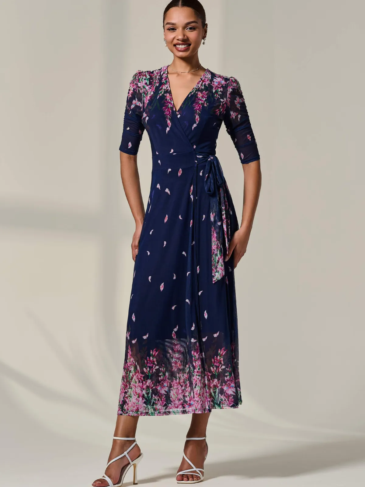 Jolie Moi Occasion Dresses|Floral Dresses-Half Sleeve Floral Wrap Dress, Navy Pink Multi