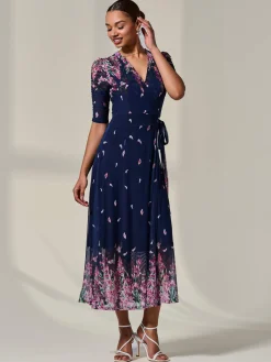 Jolie Moi Occasion Dresses|Floral Dresses-Half Sleeve Floral Wrap Dress, Navy Pink Multi